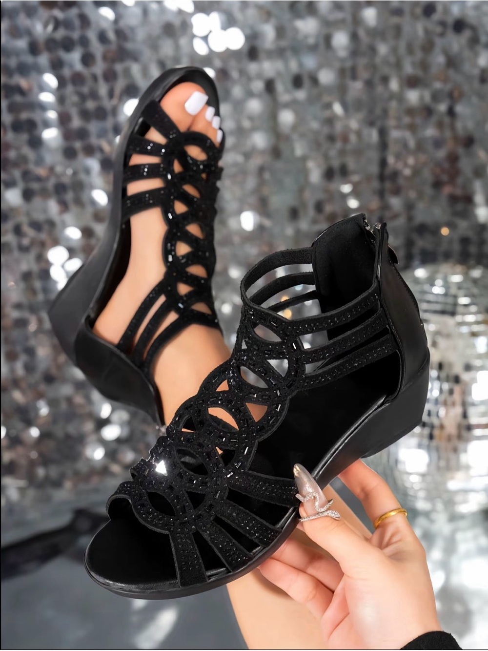 Elegant Black Strappy Wedge Sandals – Women